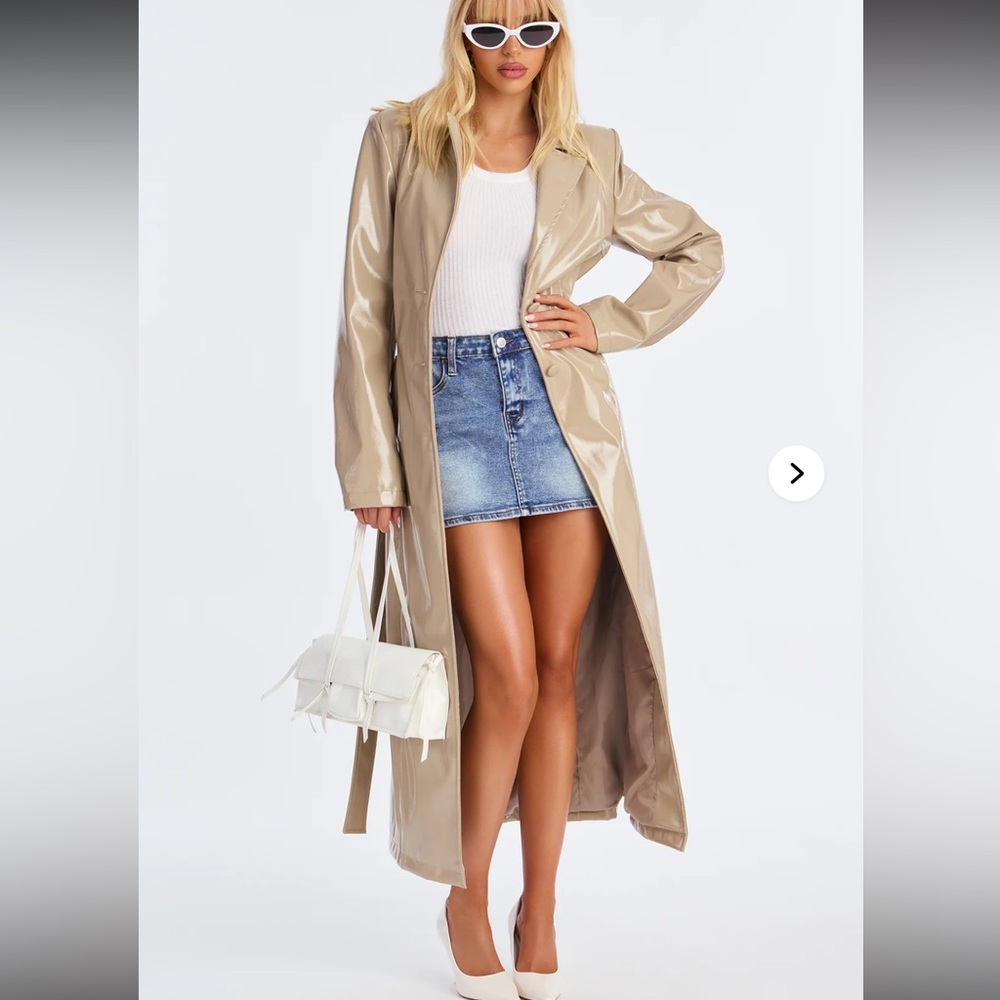 NWT Fashion Nova taupe beige Glossy Beige Leather Trench Coat long maxi xs - Picture 2 of 6